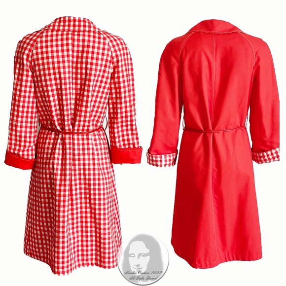 Rain Coat with Leather Belt Reversible Gingham Check Red White Vintage Sz 8 - Picture 8 of 9